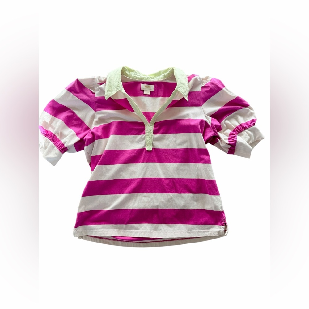 Anthropologie x Maeve Pink and White Striped puff sleeve  Polo